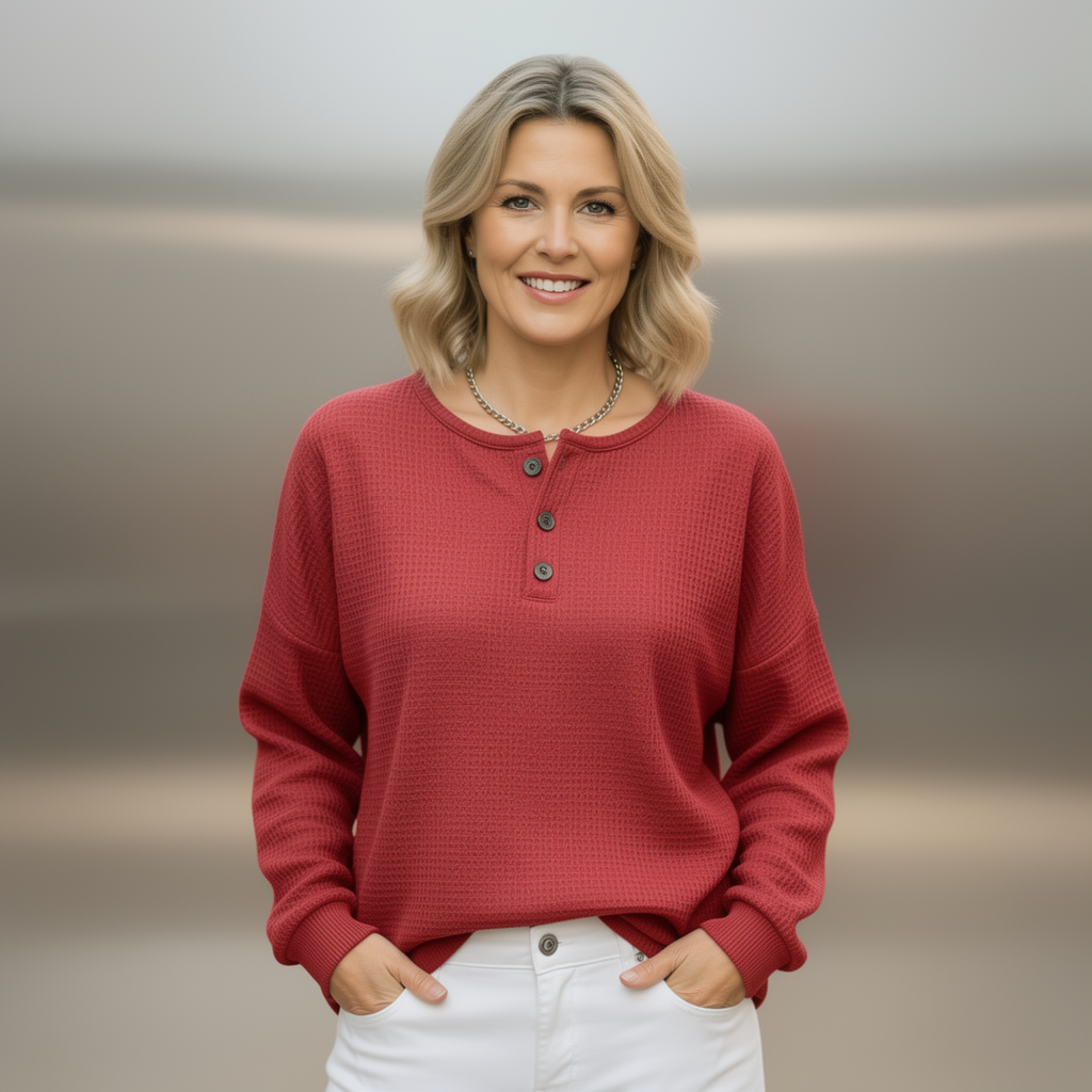 Cozy Waffle-Weave Henley Top